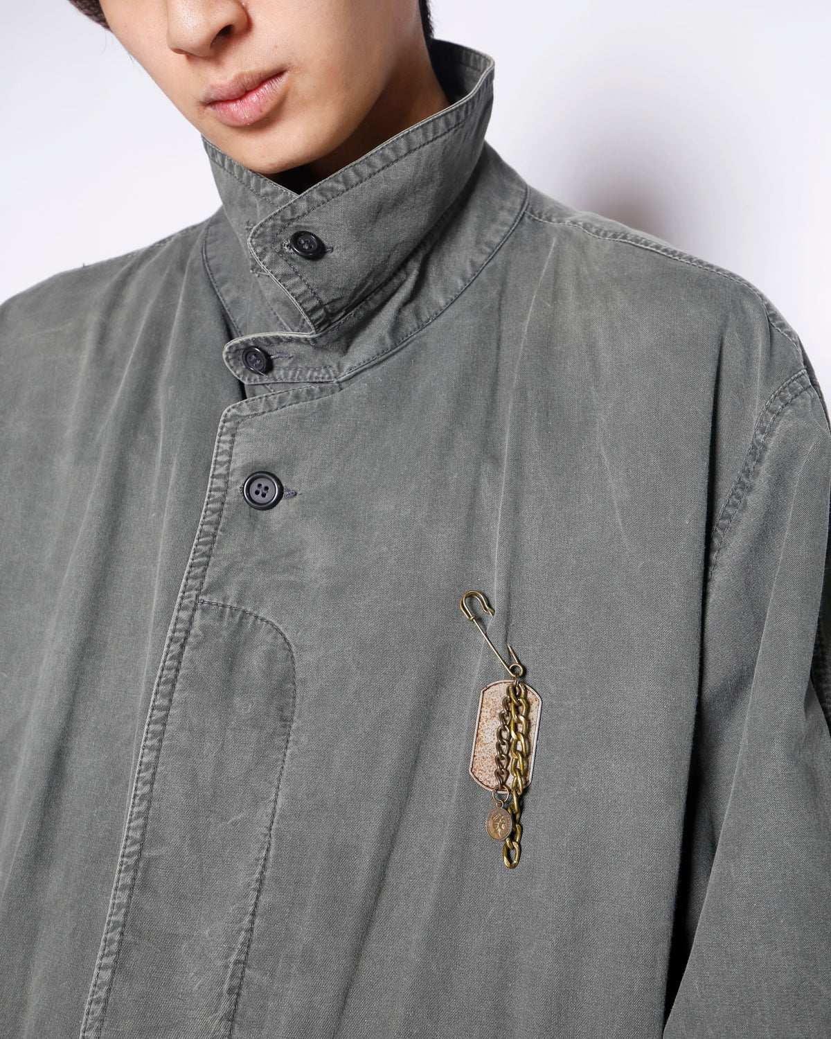 vintage euro chester field coat, with dogtag pins