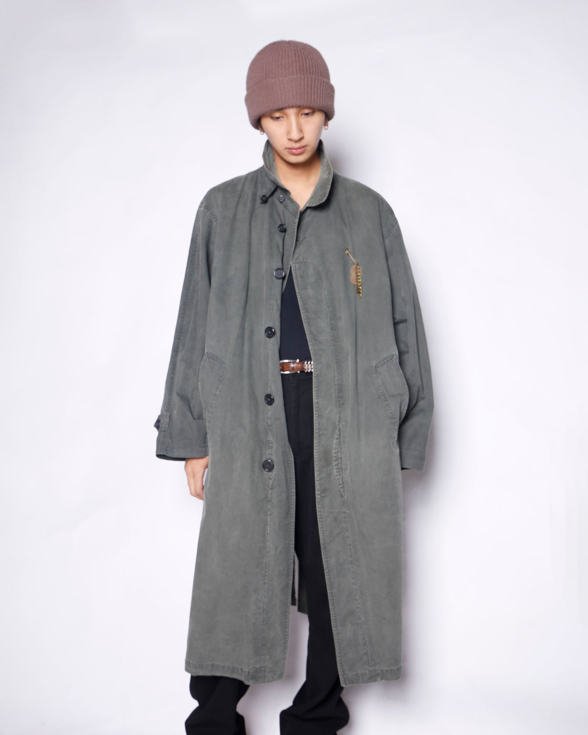 vintage euro chester field coat, with dogtag pins