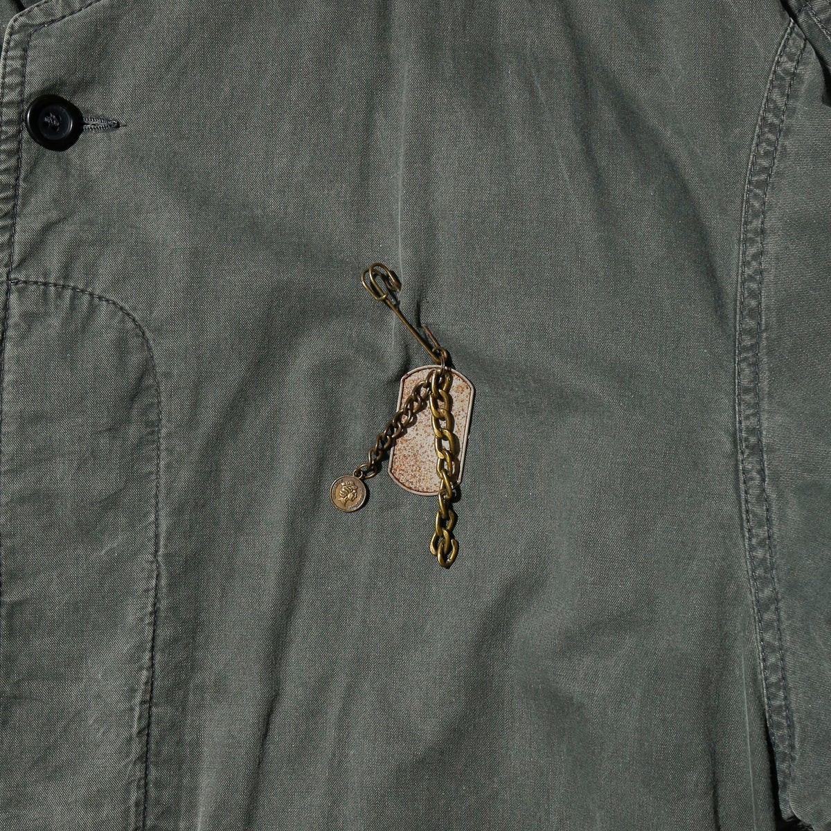 vintage euro chester field coat, with dogtag pins