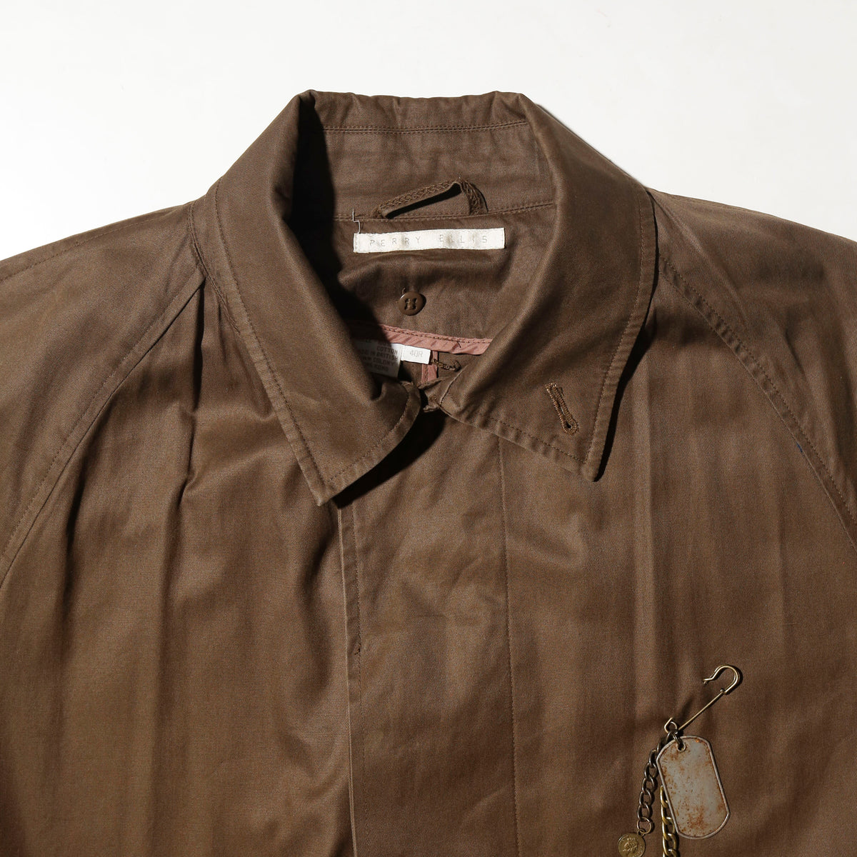 vintage perry ellis traveler long coat, with dogtag pins