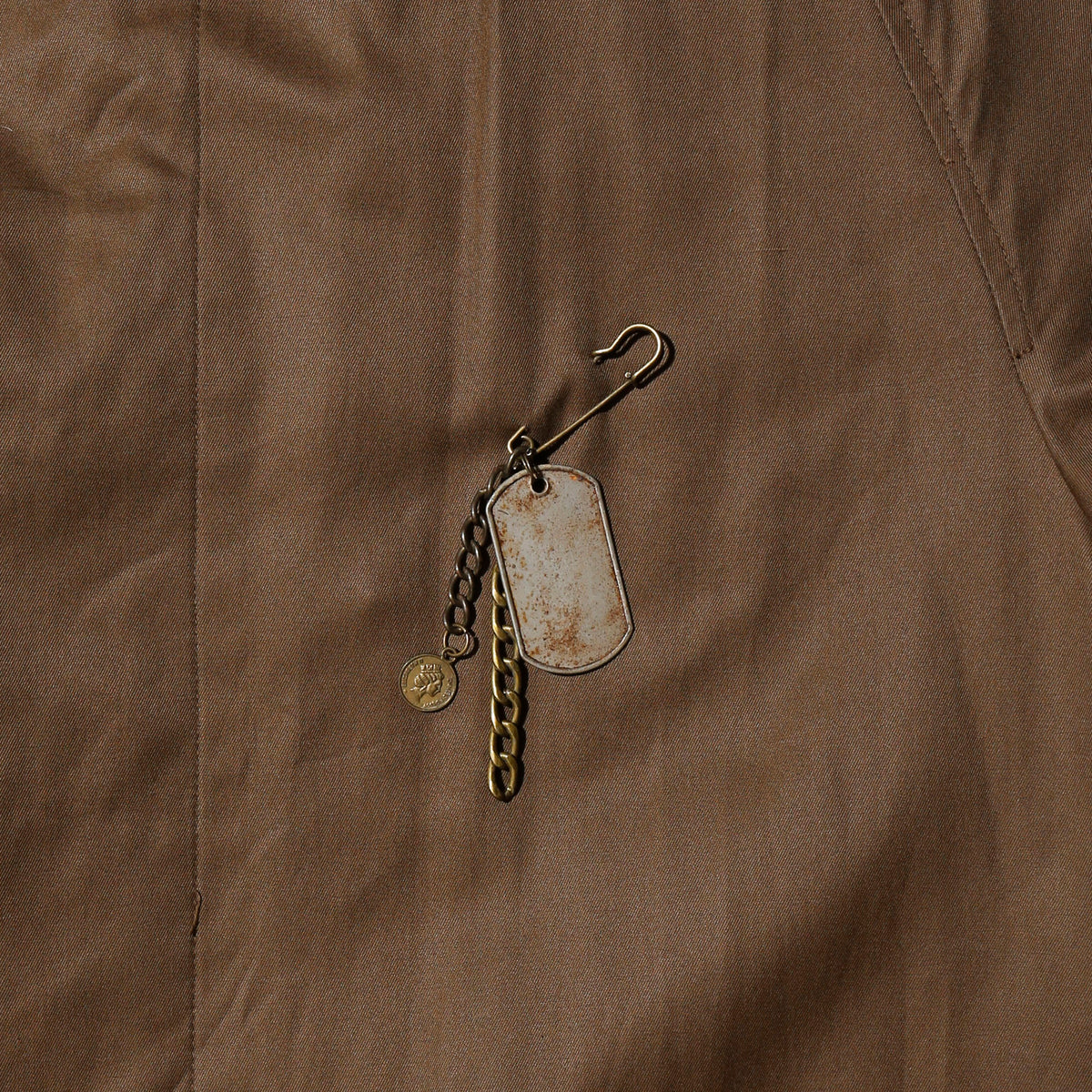 vintage perry ellis traveler long coat, with dogtag pins