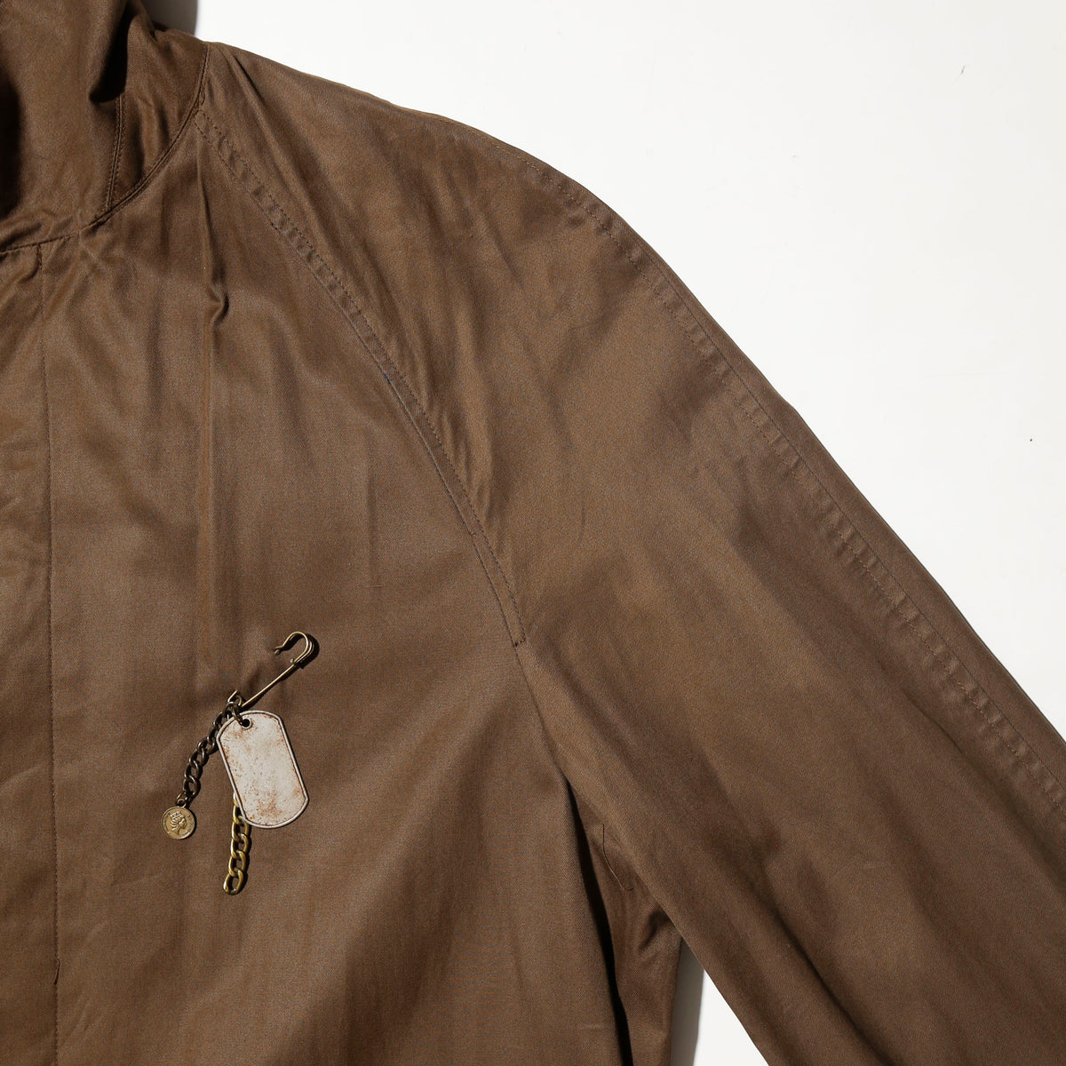 vintage perry ellis traveler long coat, with dogtag pins
