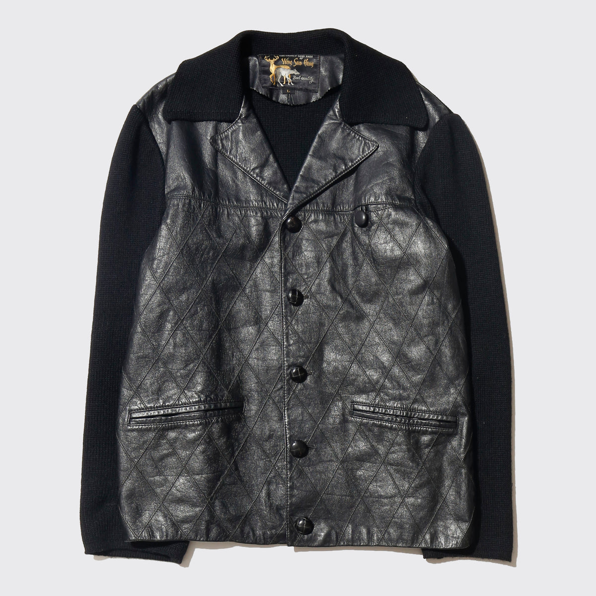 vintage 70-80's wing sun hong quilted leather combi knit jacket