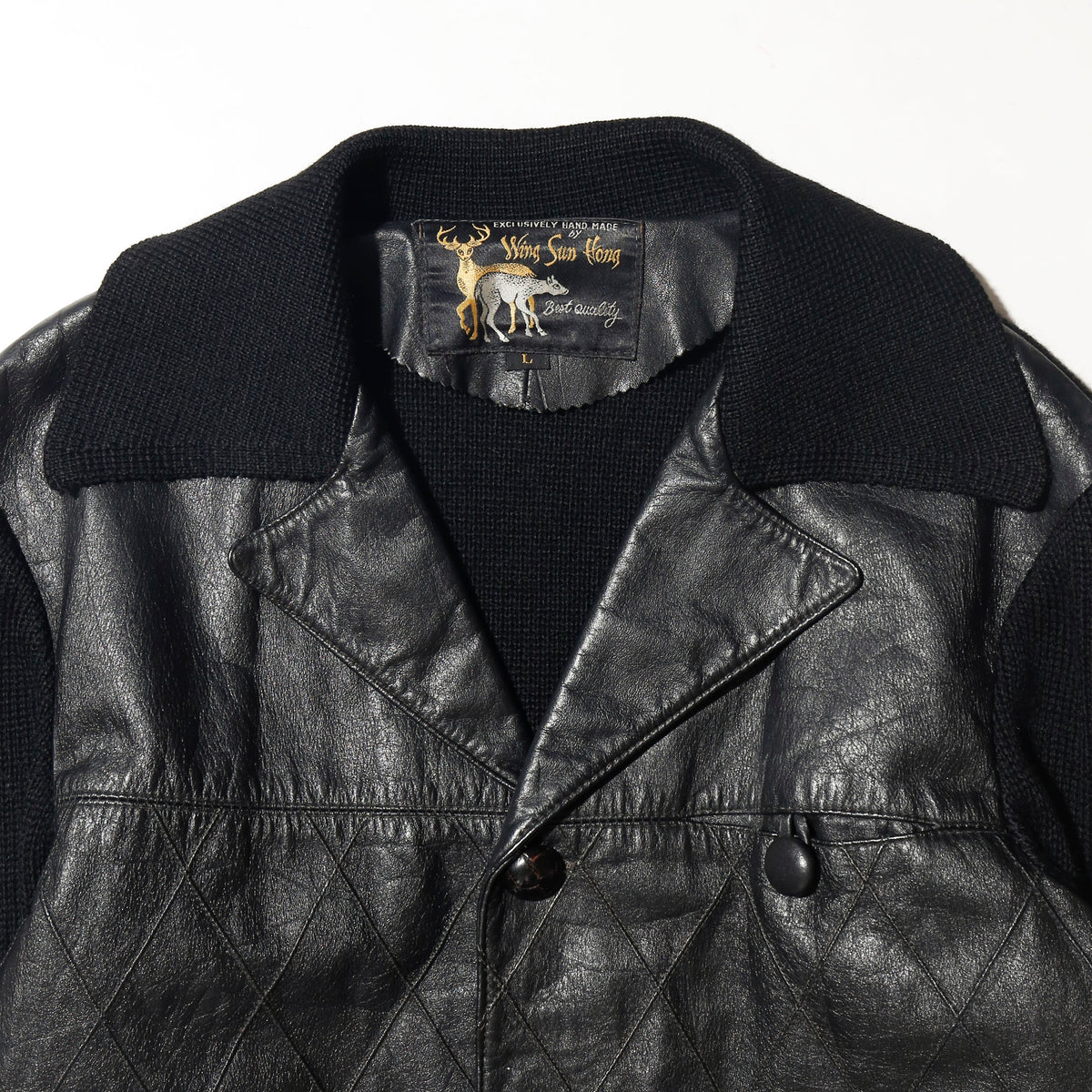 vintage 70-80's wing sun hong quilted leather combi knit jacket