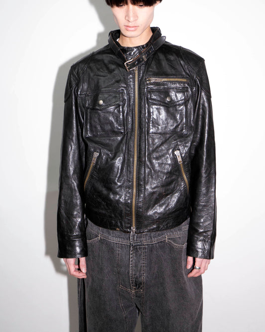 vintage belted collar single leather jacket