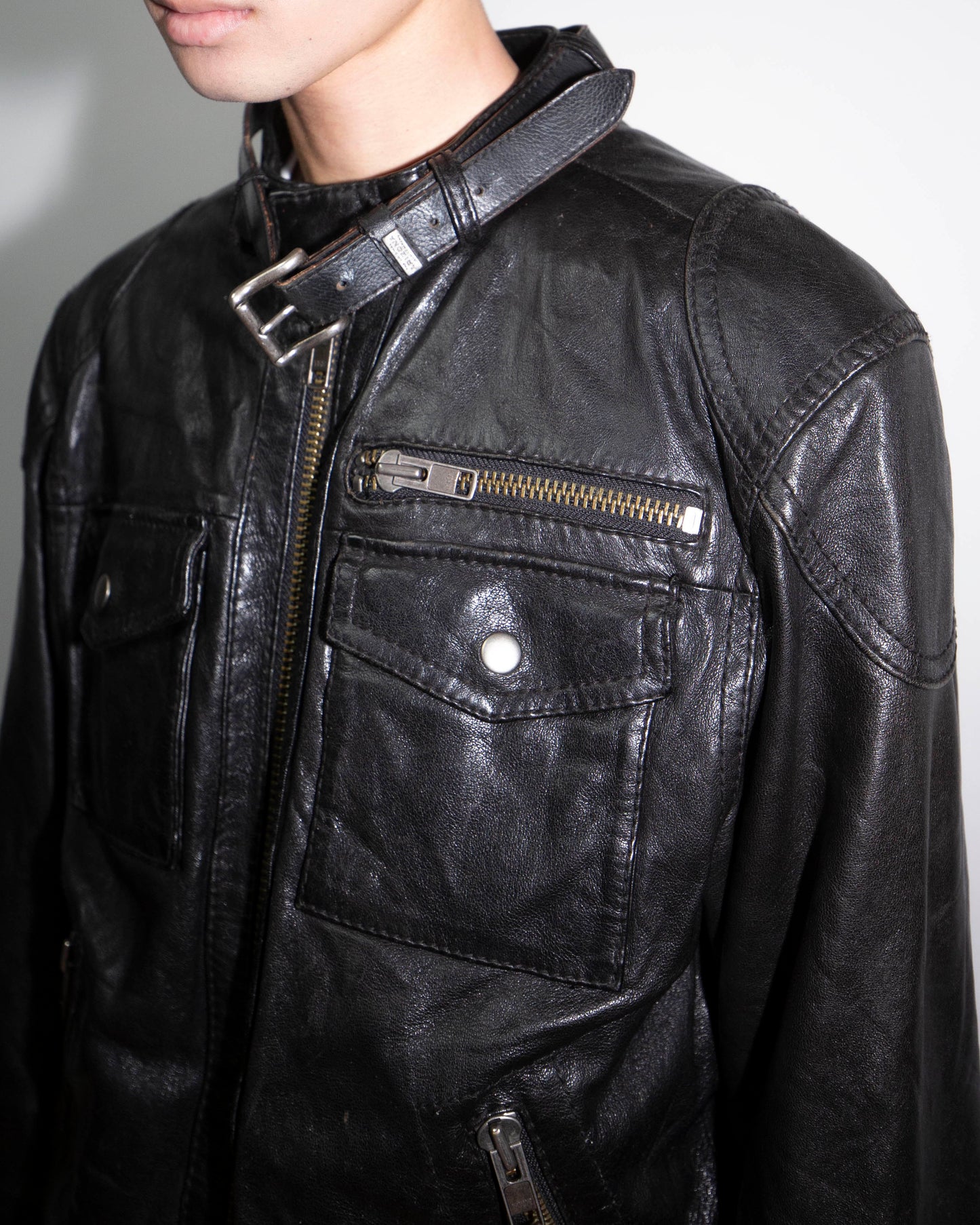 vintage belted collar single leather jacket