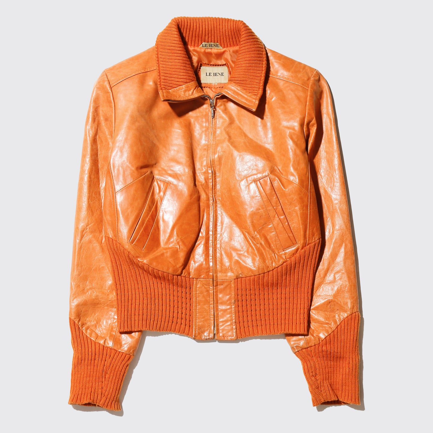 vintage cropped narrow waist rib leather jacket