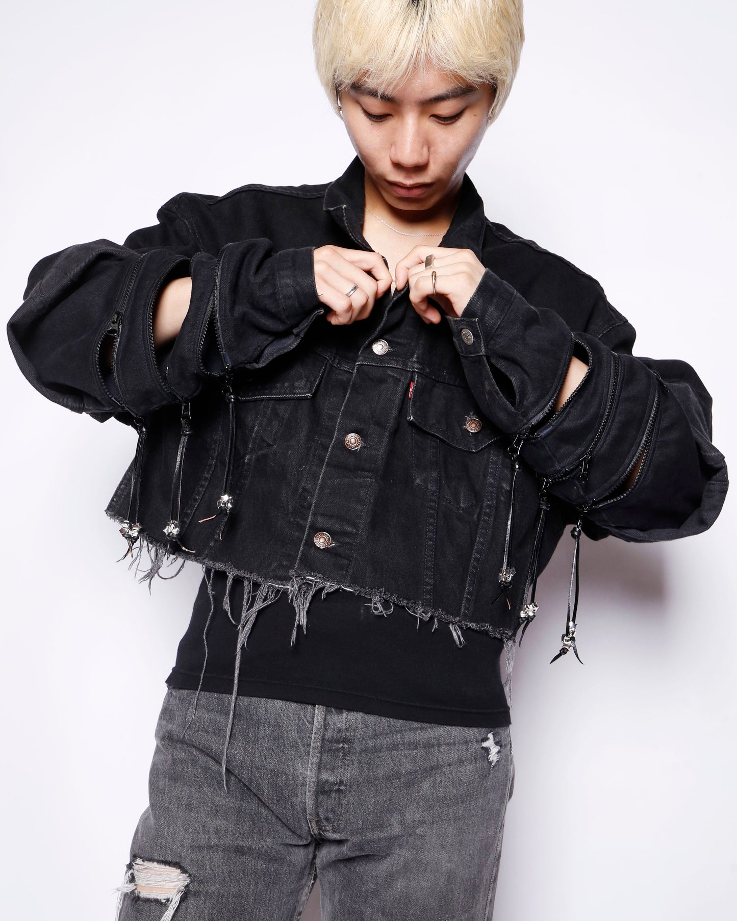 *one-off fringe zipped trucker jacket