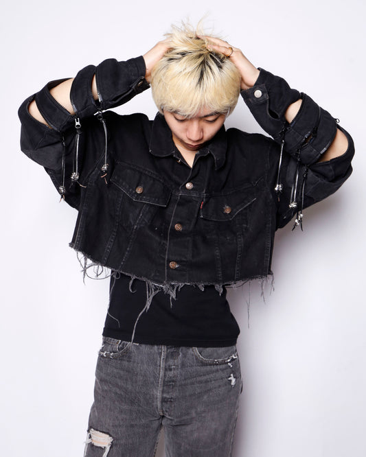 *one-off fringe zipped trucker jacket