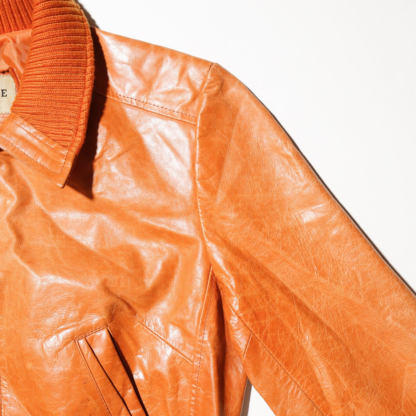 vintage cropped narrow waist rib leather jacket