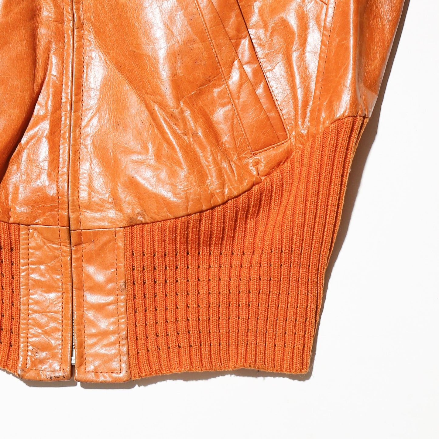 vintage cropped narrow waist rib leather jacket