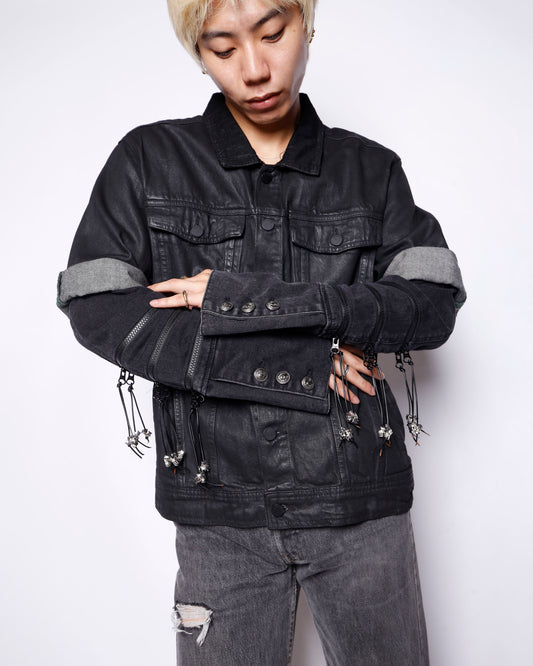 *one-off fringe zipped luster trucker jacket