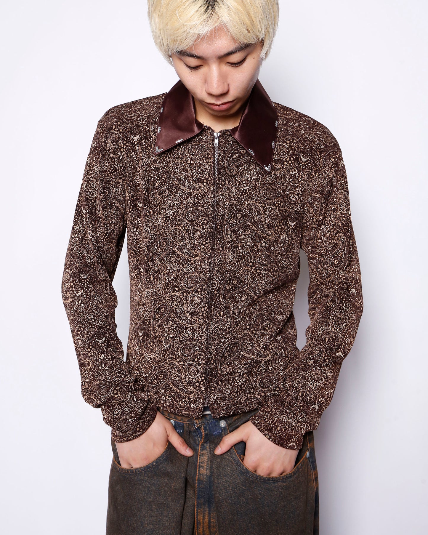vintage switched collar shinny paisley jacket