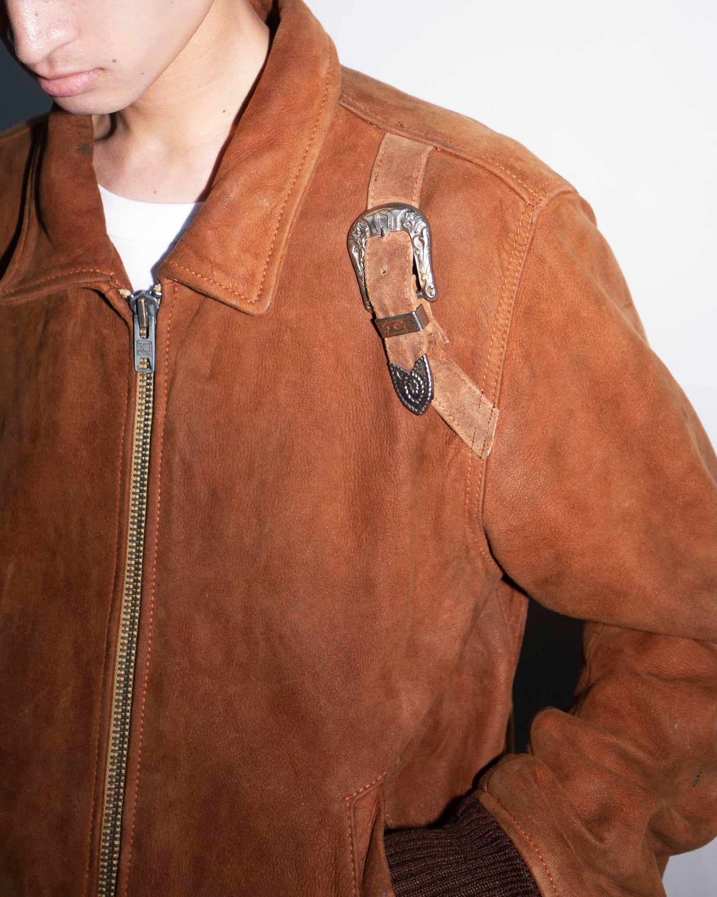 vintage schott belted shoulder suede leather jacket