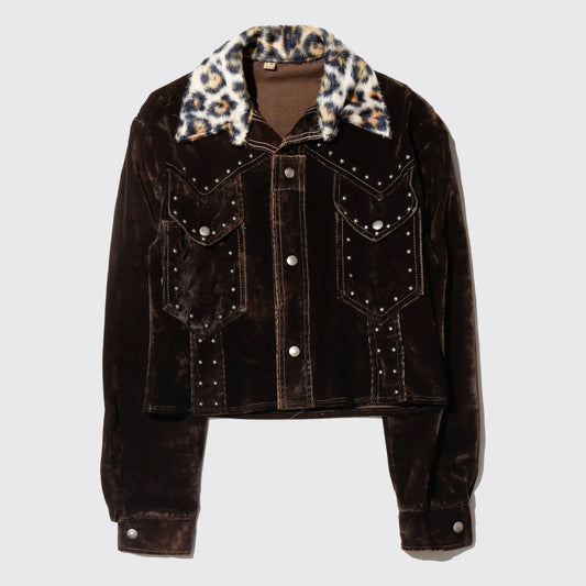 vintage 70's leopard studs velvet trucker jacket