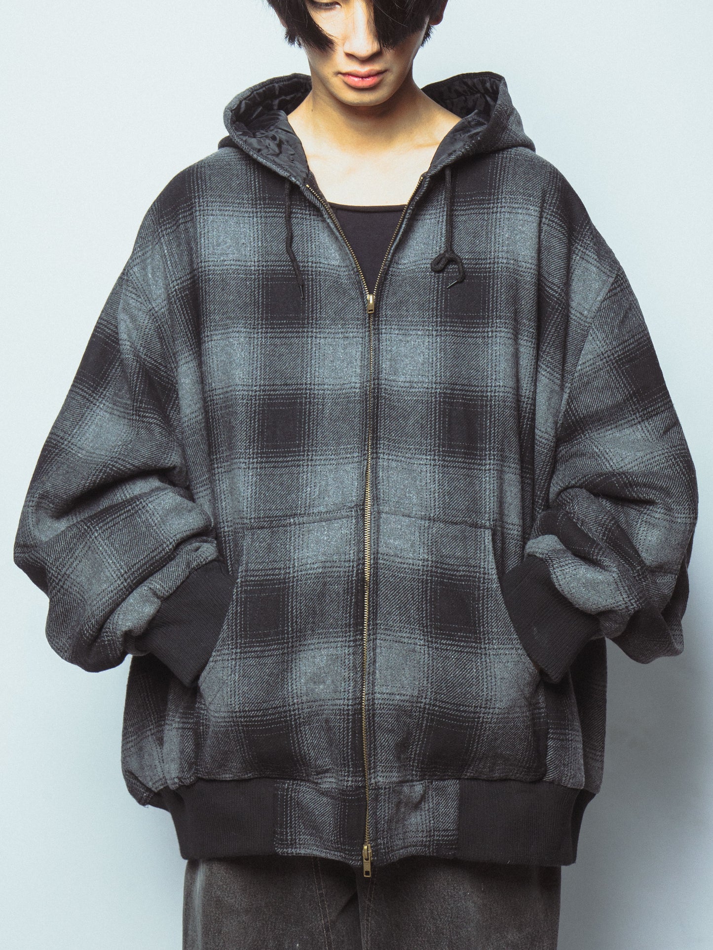 vintage loose ombre check hooded jacket