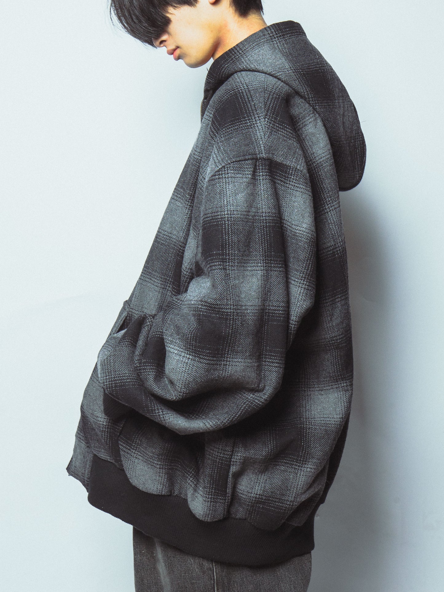 vintage loose ombre check hooded jacket