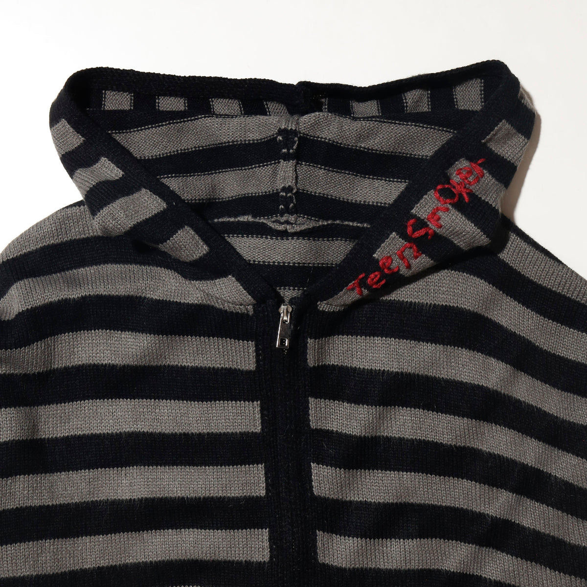 *one-off hand stitched border knit hoodie, "teen smoker"