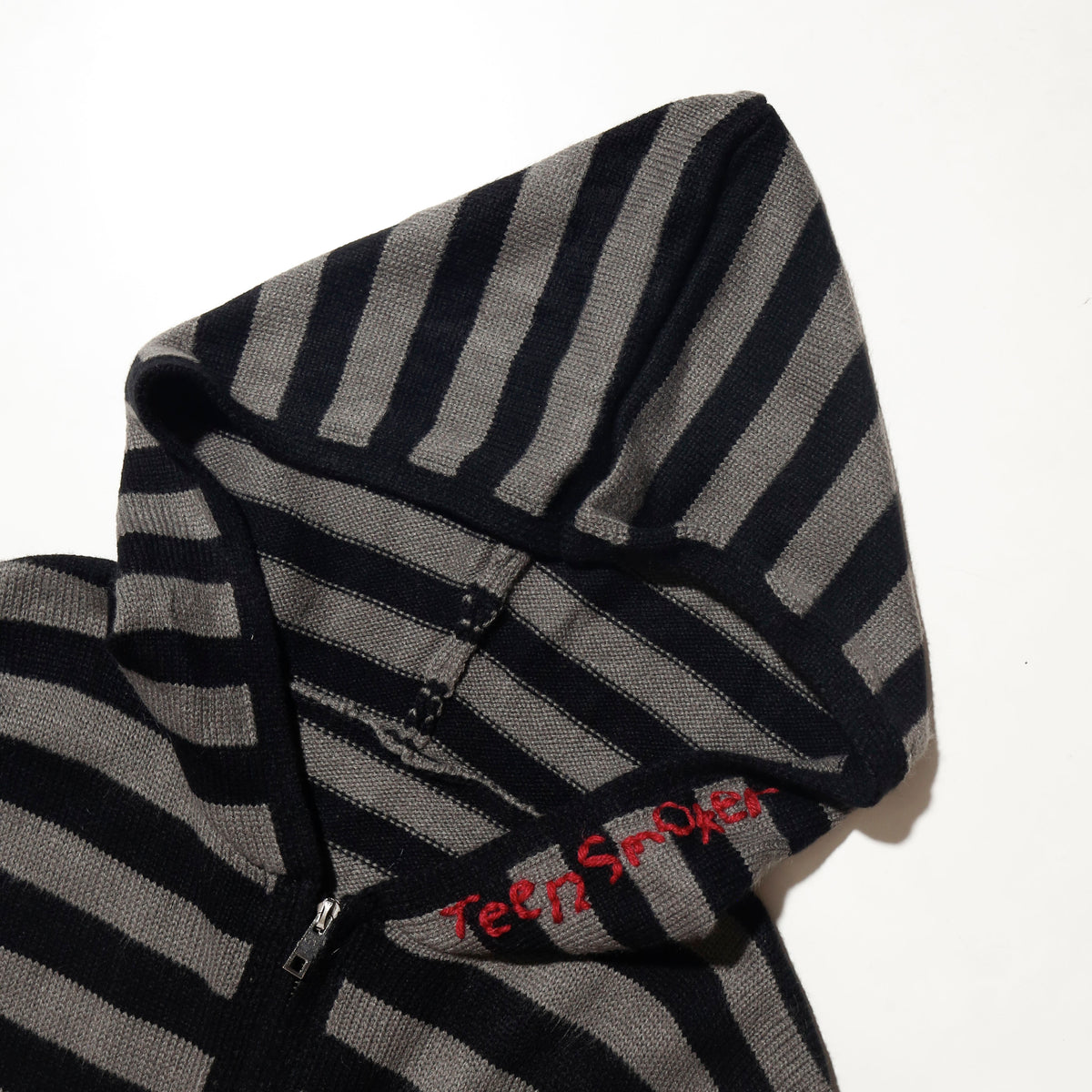 *one-off hand stitched border knit hoodie, "teen smoker"