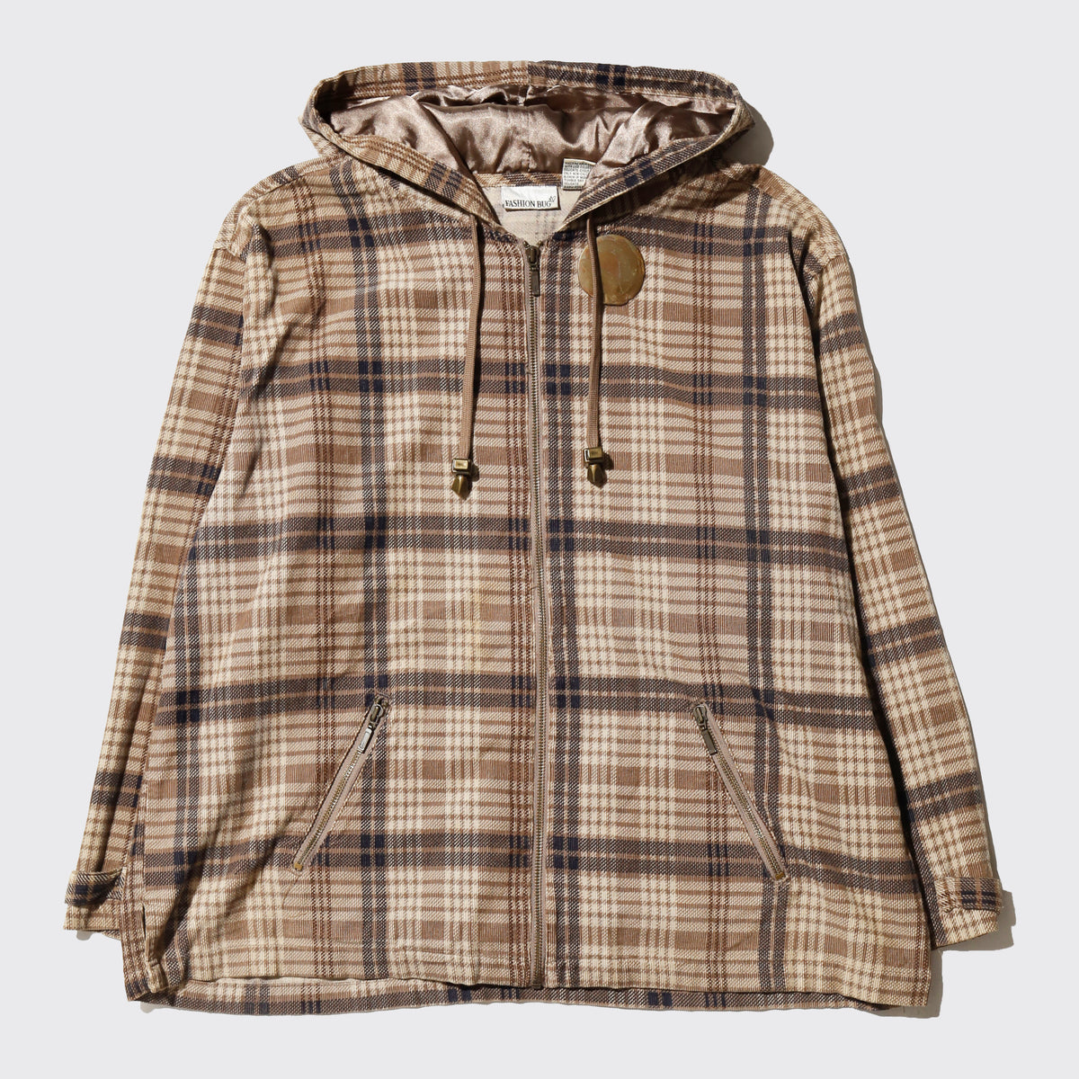 vintage textured check hoodie, with copper badge