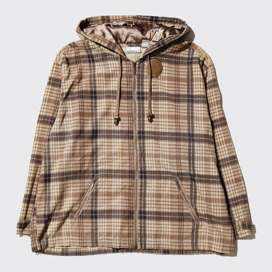 vintage textured check hoodie, with copper badge