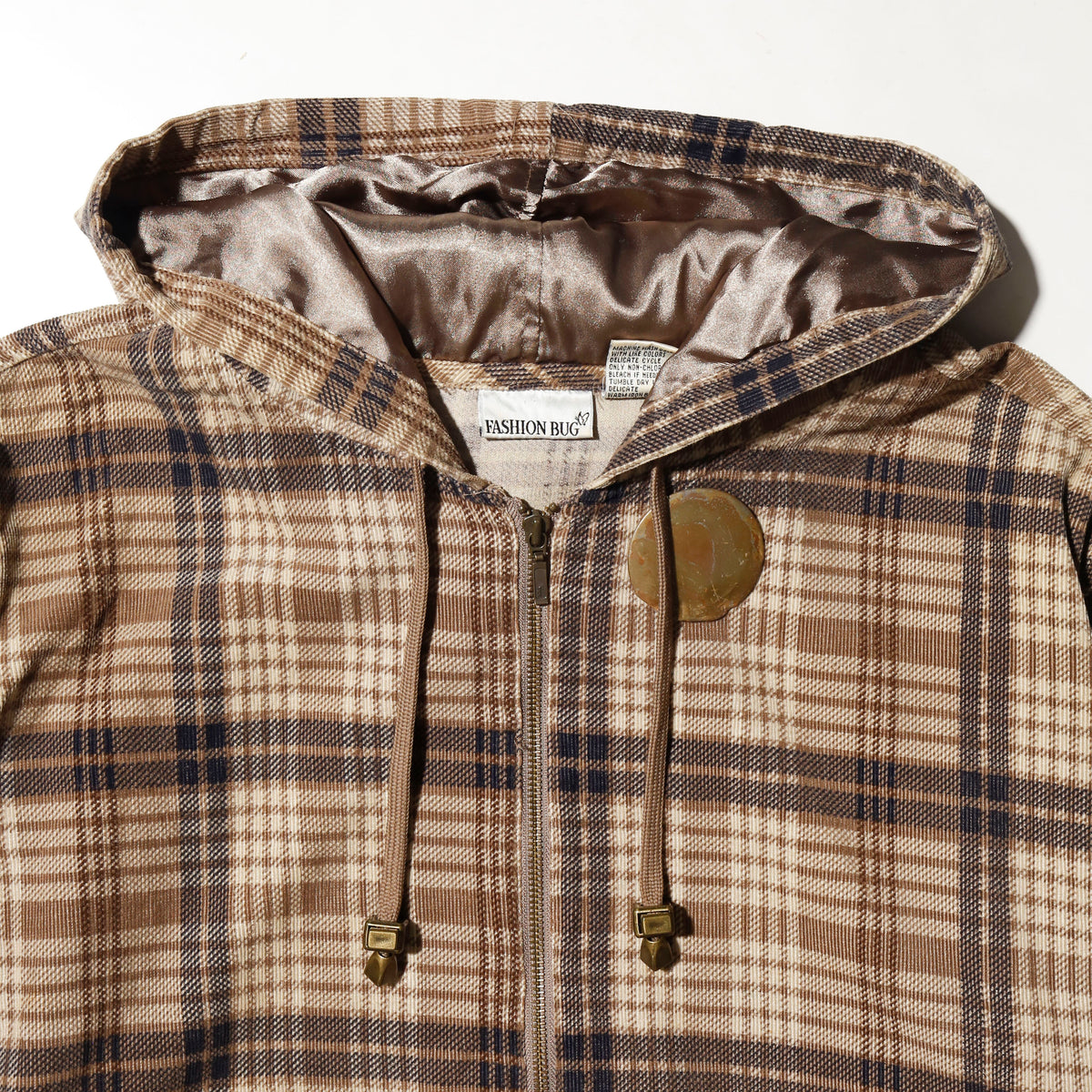 vintage textured check hoodie, with copper badge