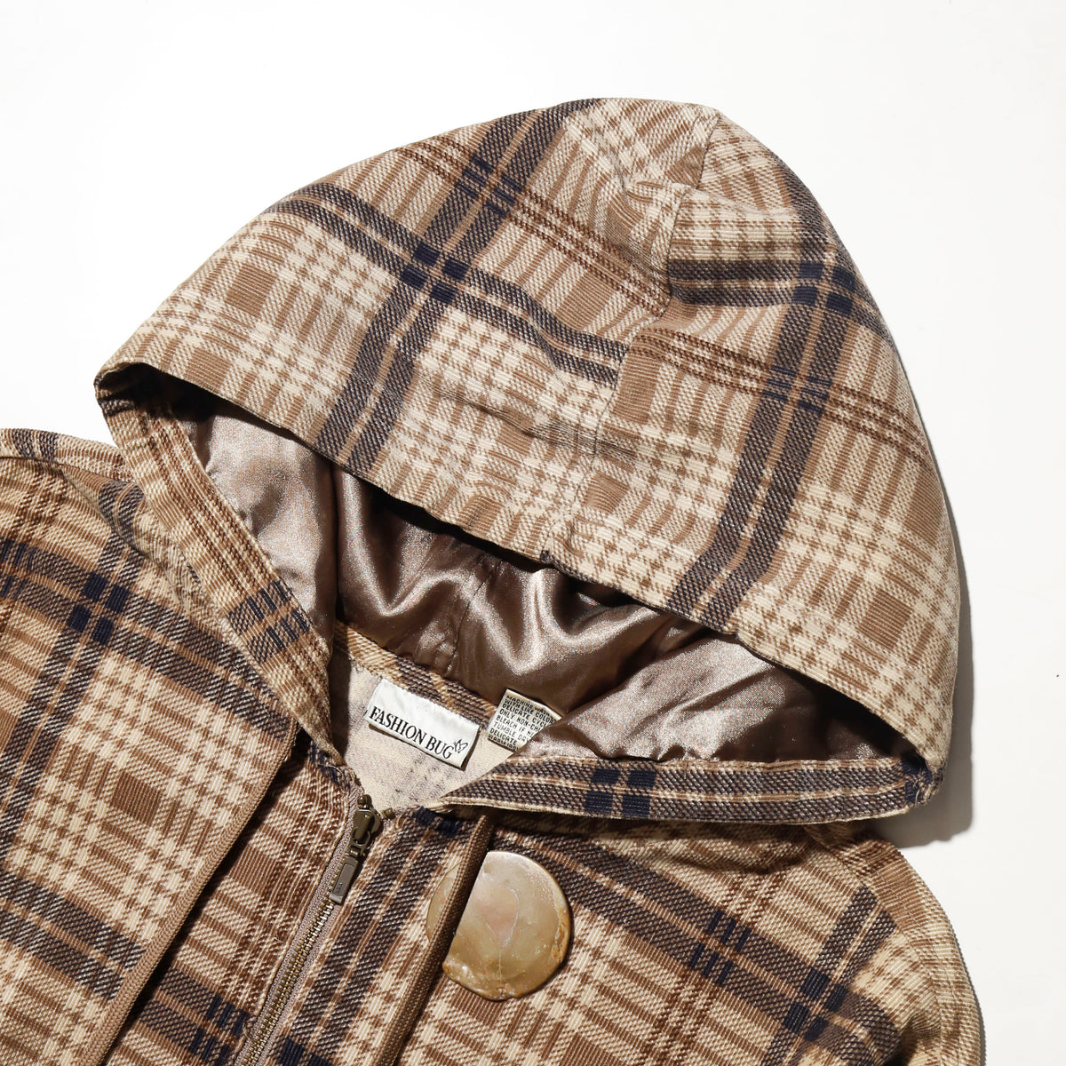 vintage textured check hoodie, with copper badge