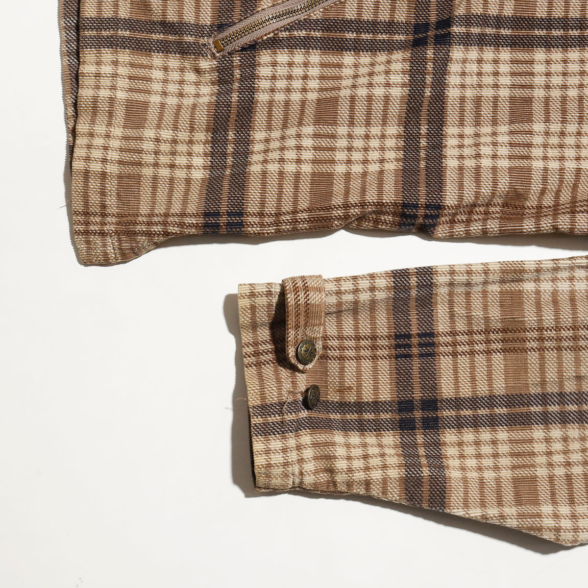 vintage textured check hoodie, with copper badge