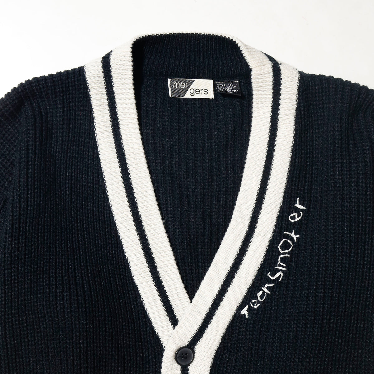 *one-off hand stitched cardigan, "teen smoker"