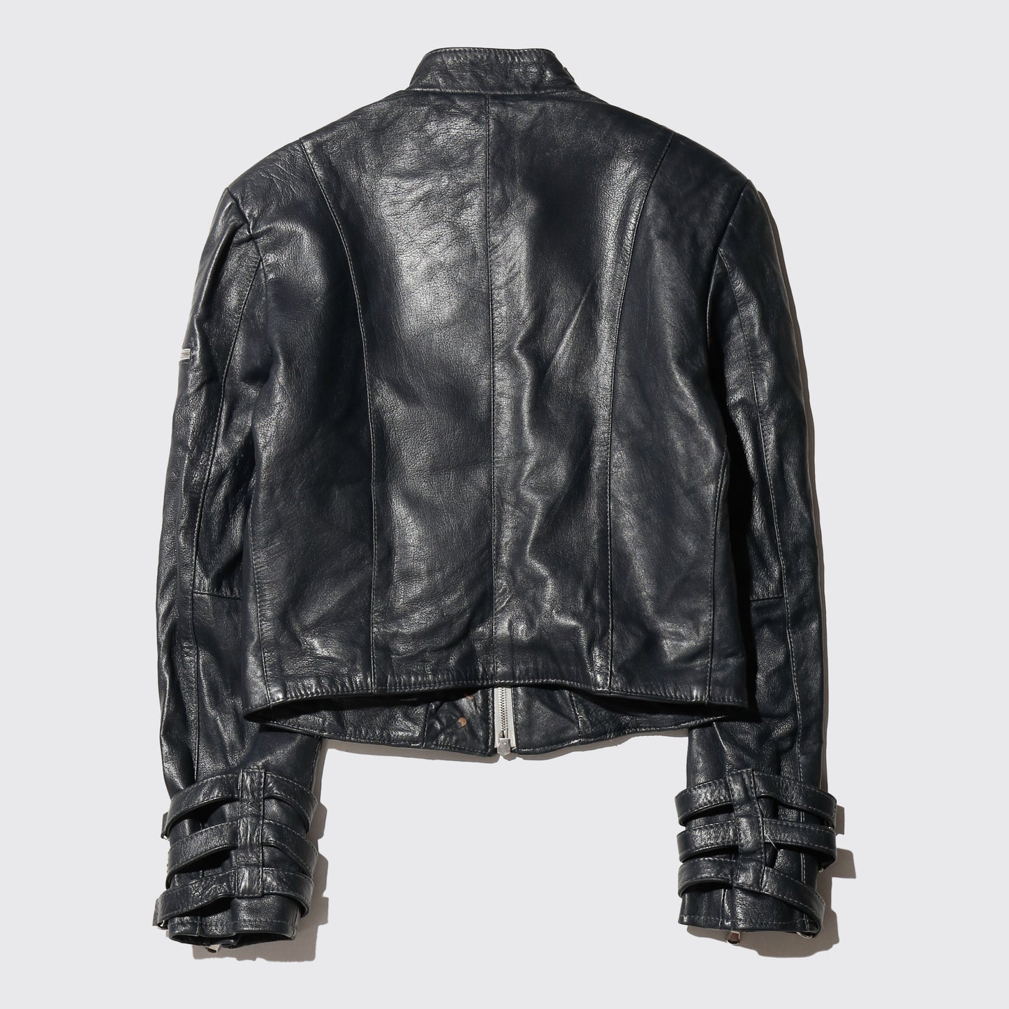 vintage cropped cuffs strapped pleats leather jacket
