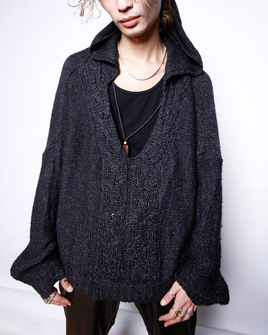 vintage cropped deep v knit hoodie