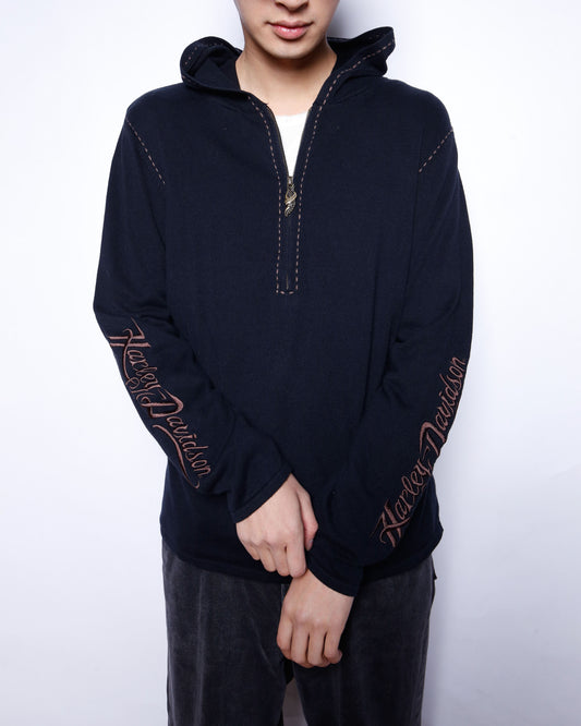 vintage 00's harley davidson stitched half zip knit hoodie