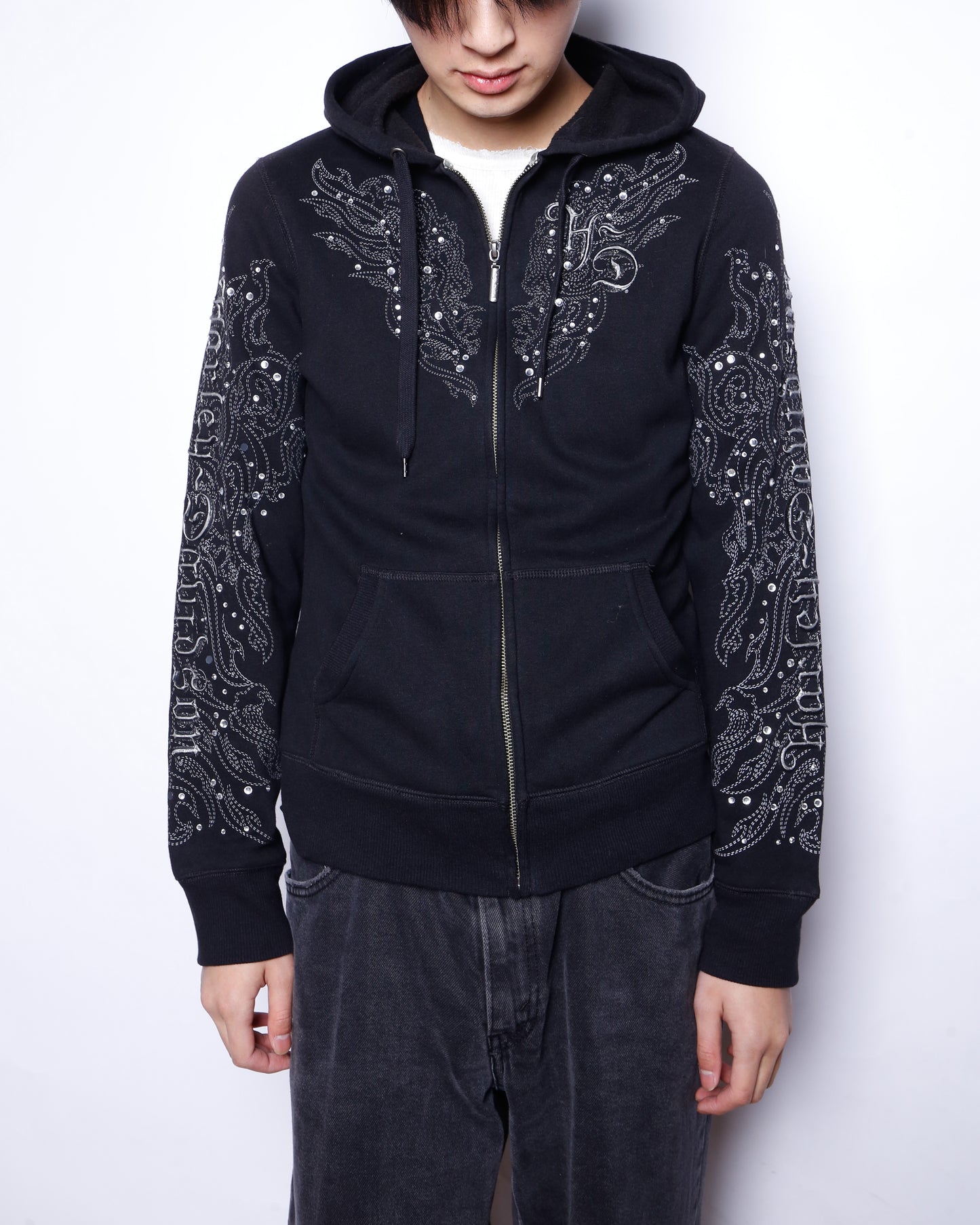 vintage 00's harley-davidson broderie/rinestone tatoo hoodie