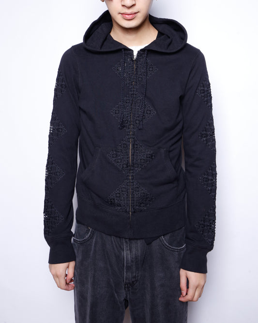 vintage textured broderie zip hoodie