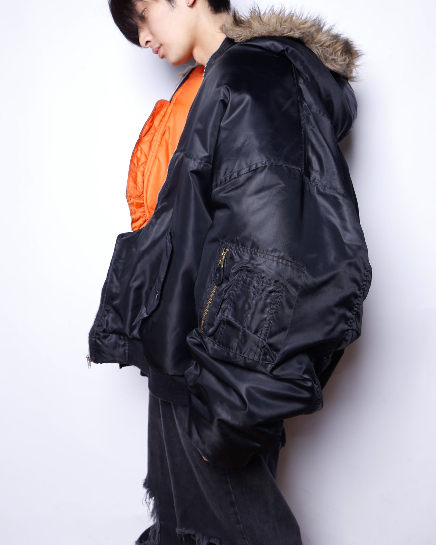 *one-off unbalance hooded bomber jacket