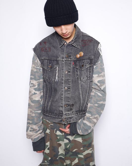 *one-off hybrid trucker jacket, with copper badge "BIG CAT ATTACK"