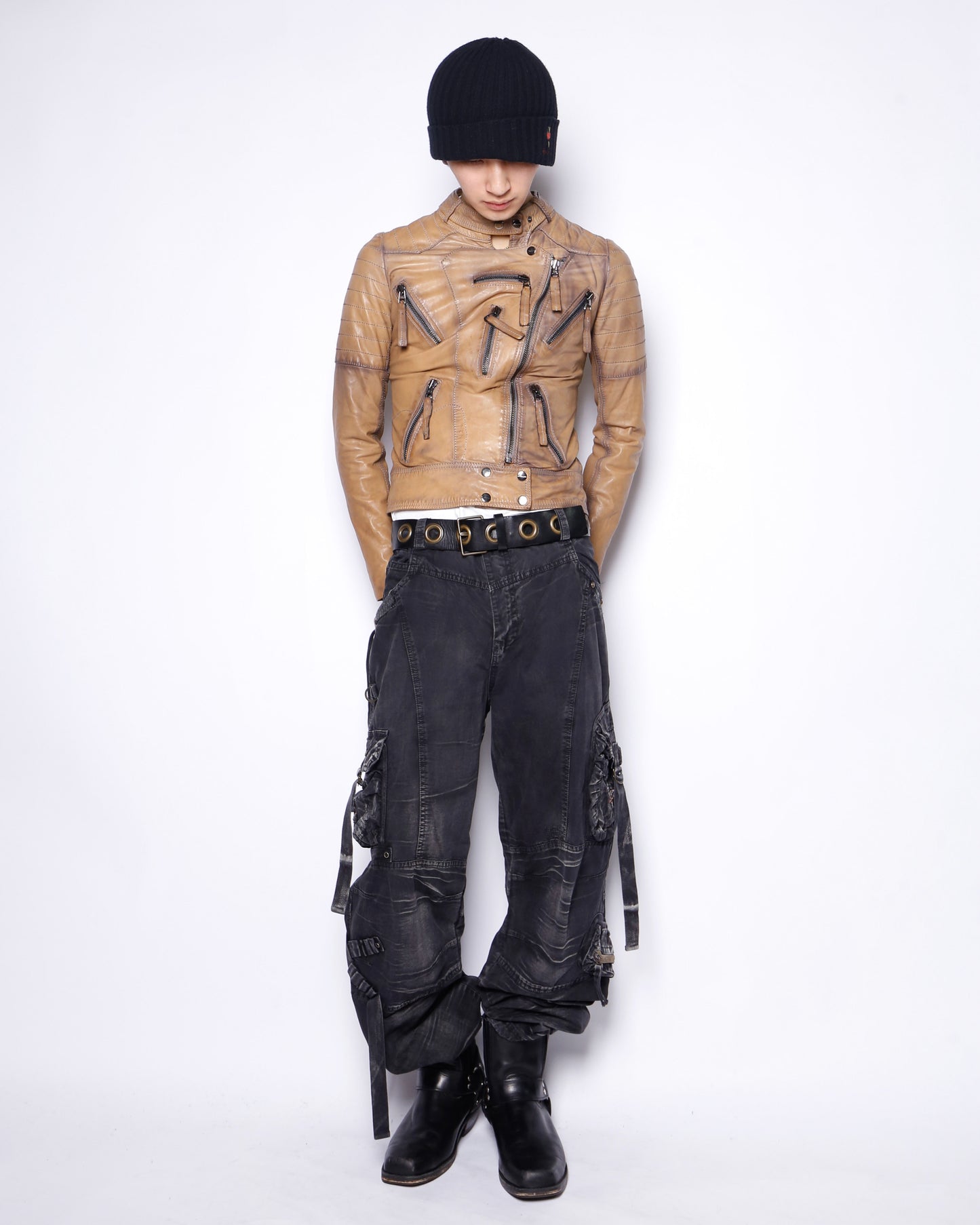 vintage 00's distressed multi zip biker leather jacket