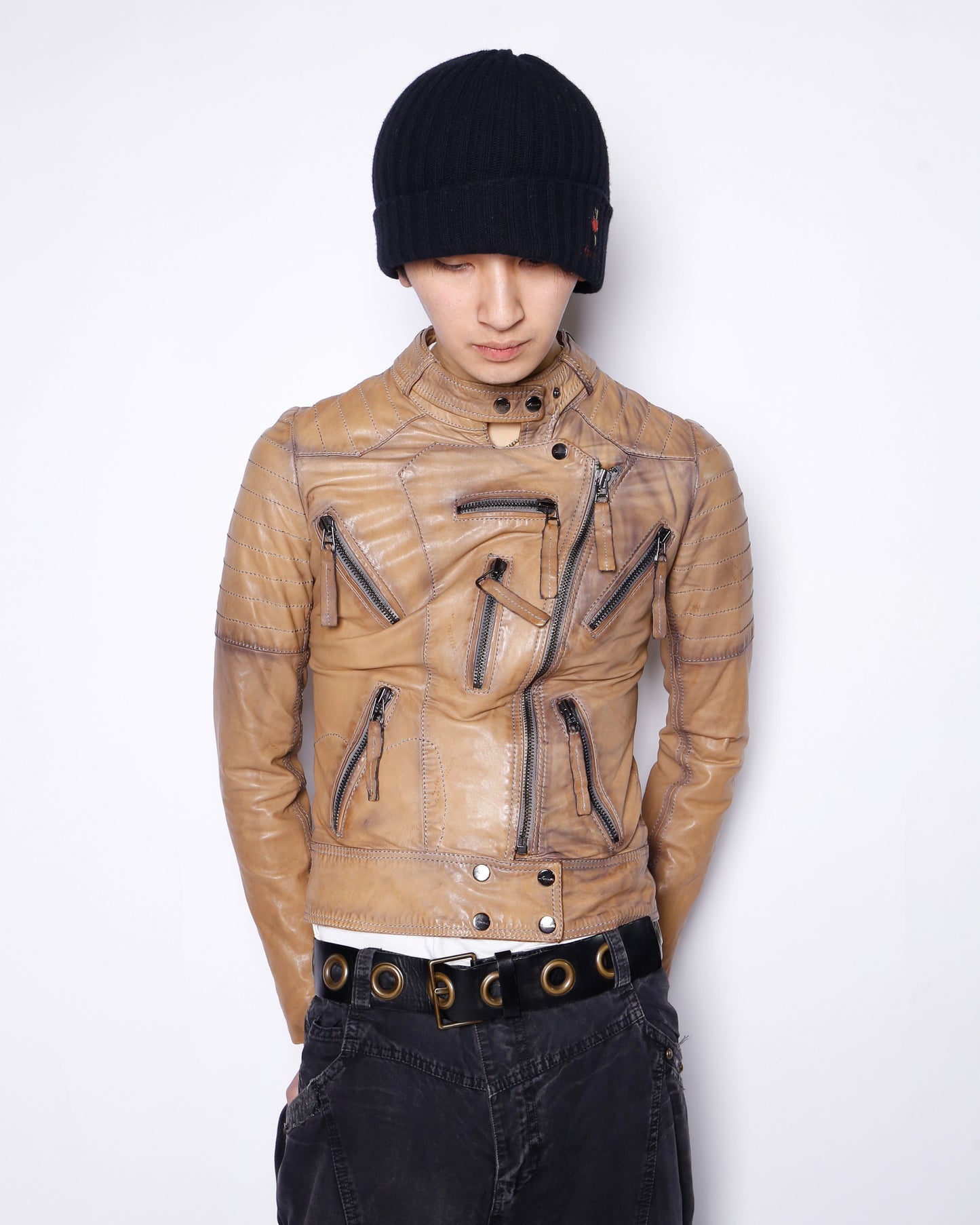vintage 00's distressed multi zip biker leather jacket