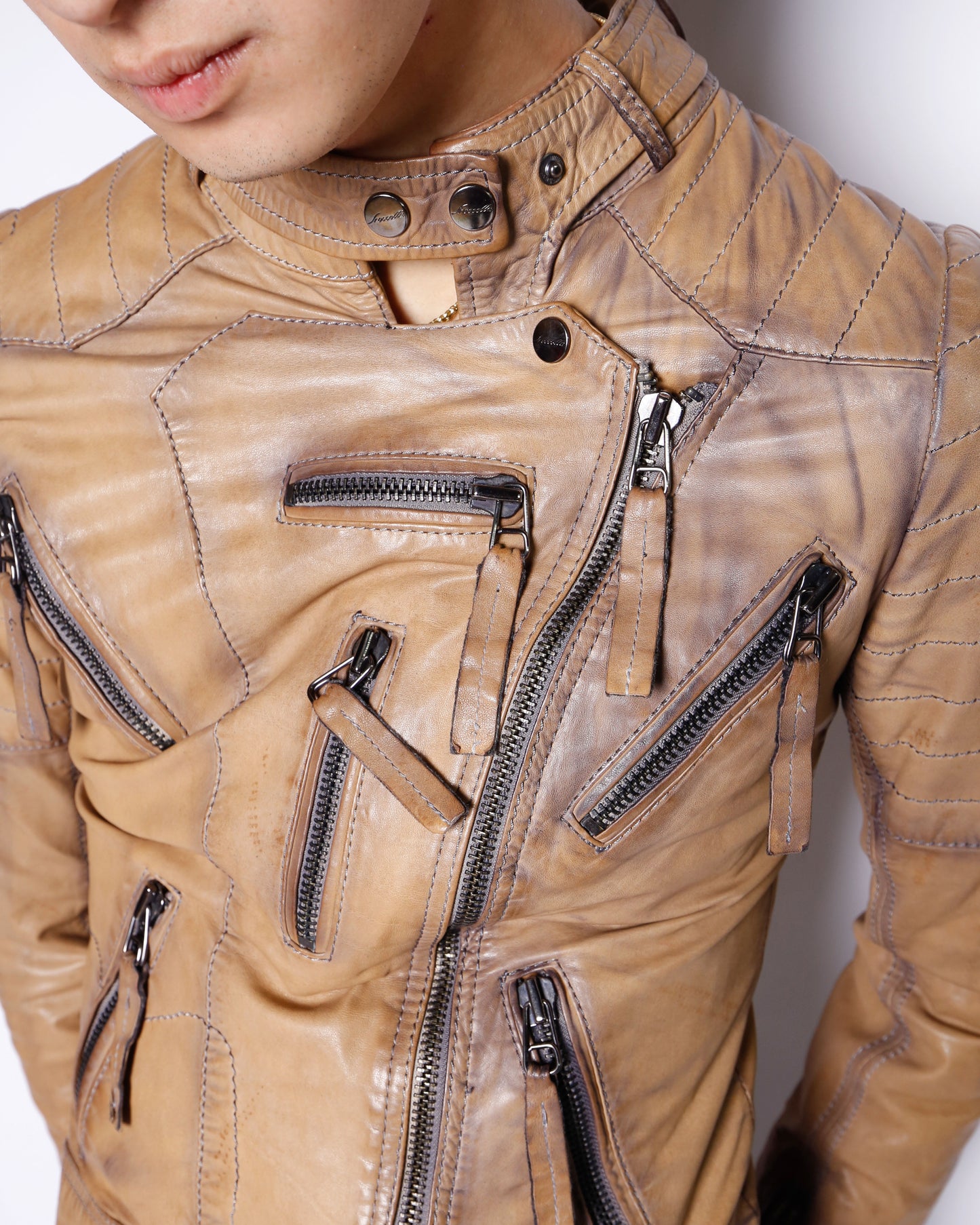 vintage 00's distressed multi zip biker leather jacket