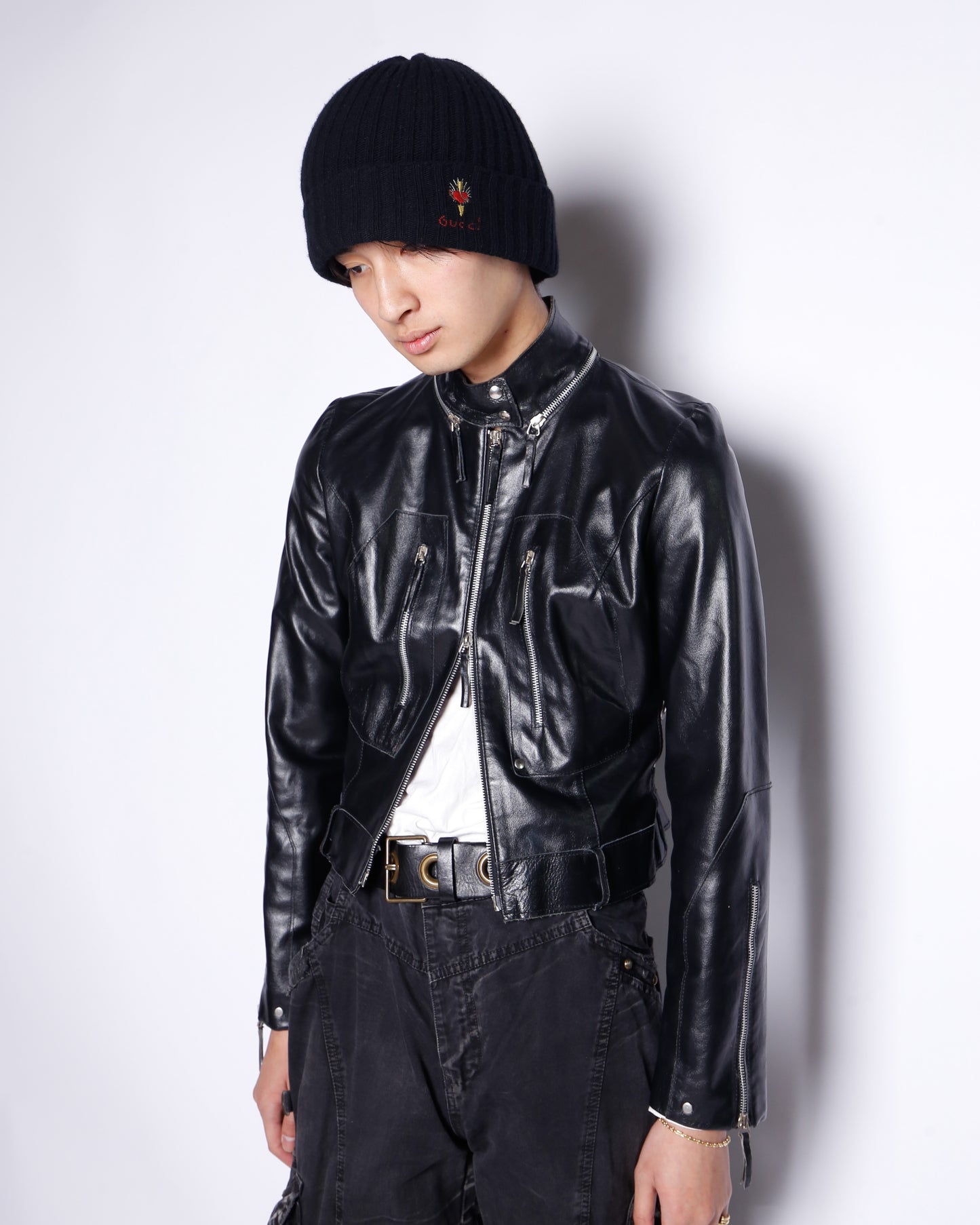 vintage side ring zipped leather jacket