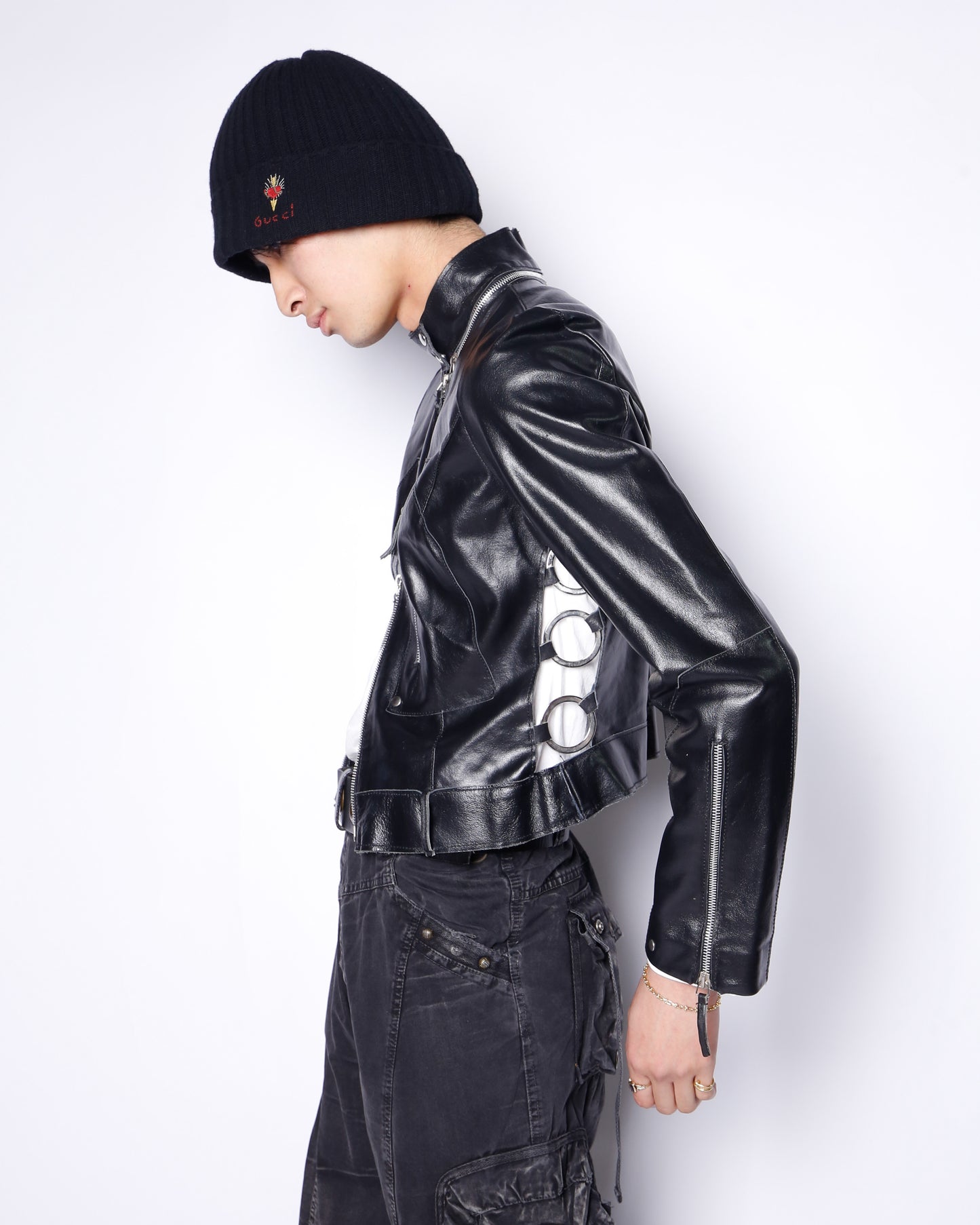 vintage side ring zipped leather jacket