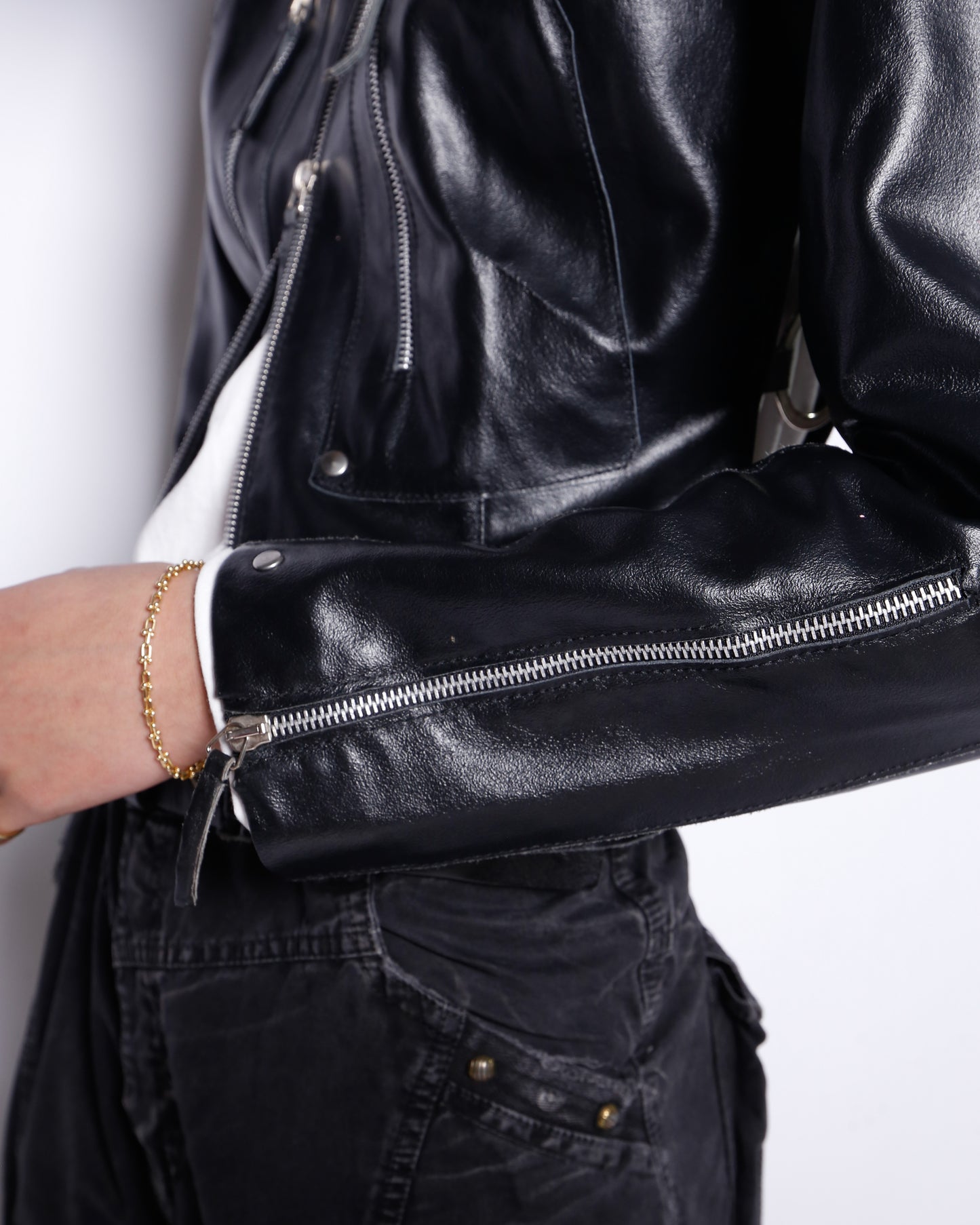 vintage side ring zipped leather jacket