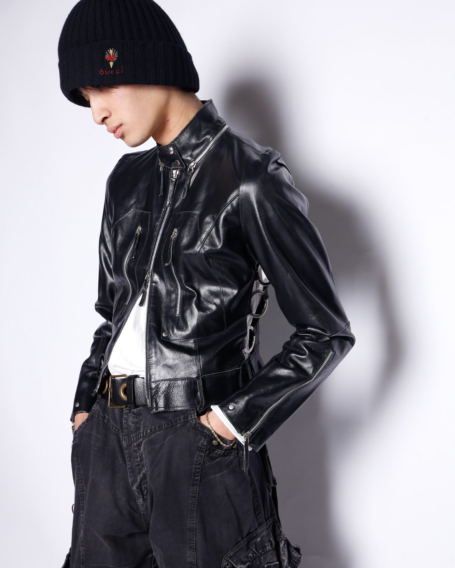vintage side ring zipped leather jacket