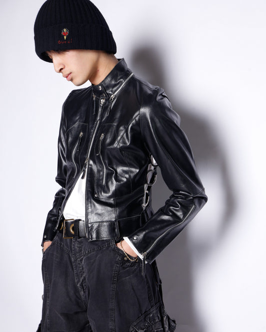 vintage side ring zipped leather jacket