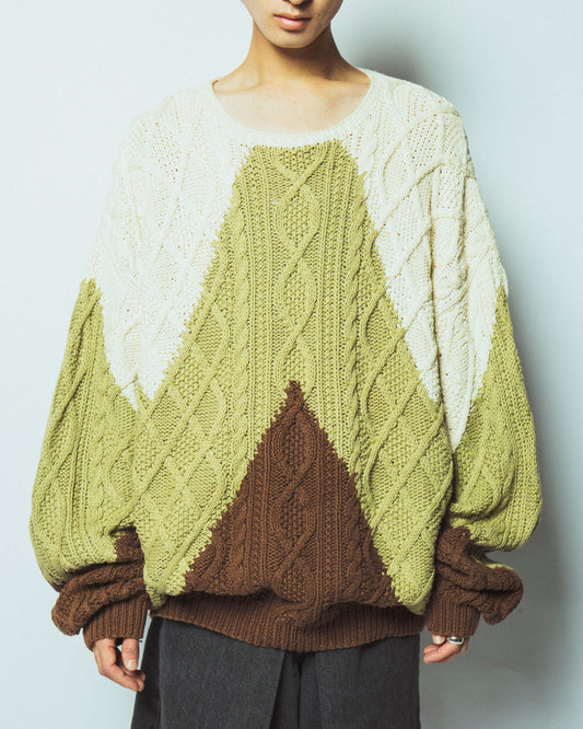 vintage tricolor loose cable sweater