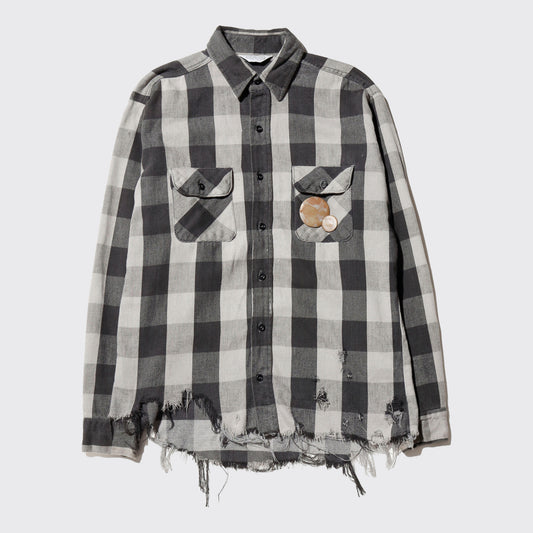 *one-off 80's five bother broken flannel check shirt, with copper badge