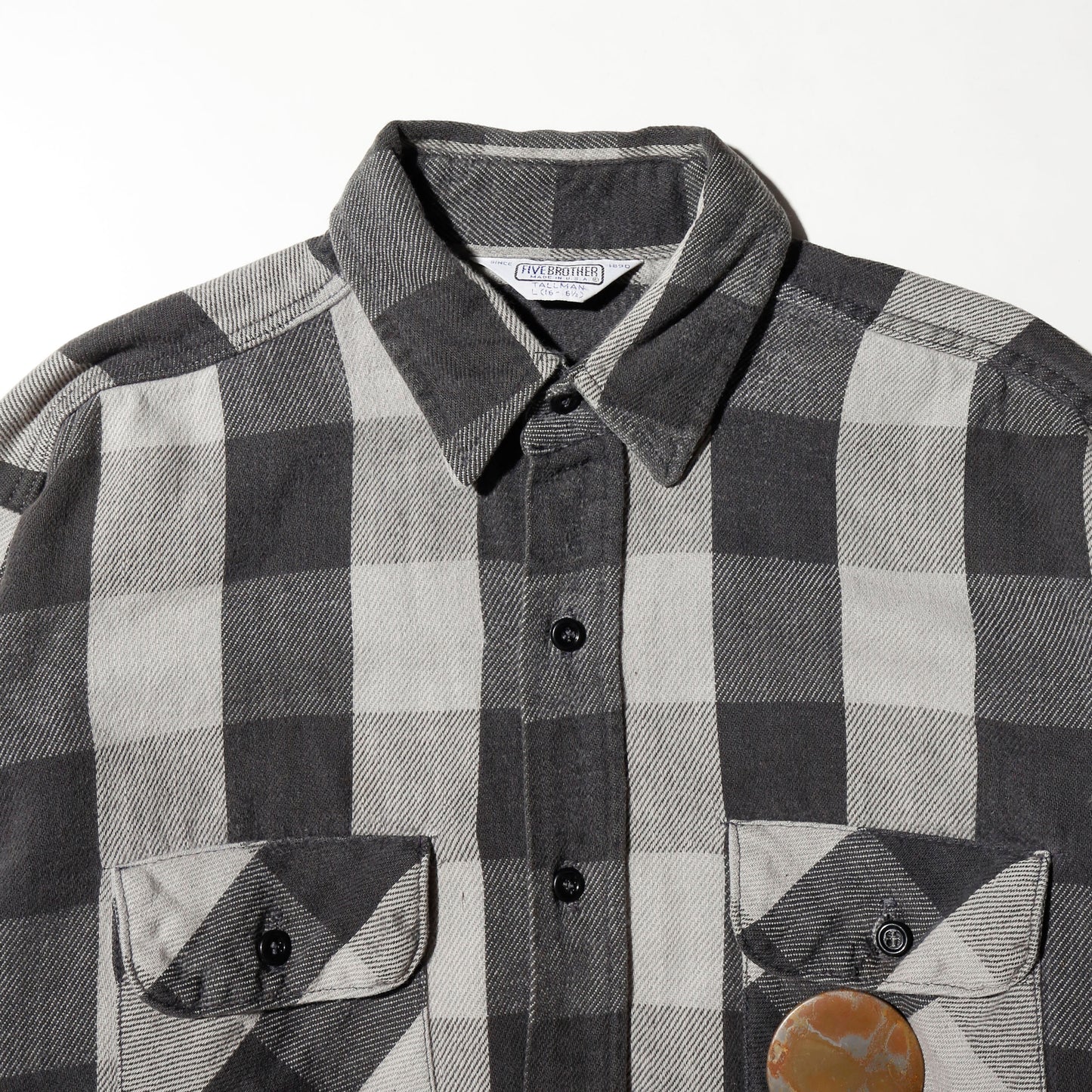 *one-off 80's five bother broken flannel check shirt, with copper badge