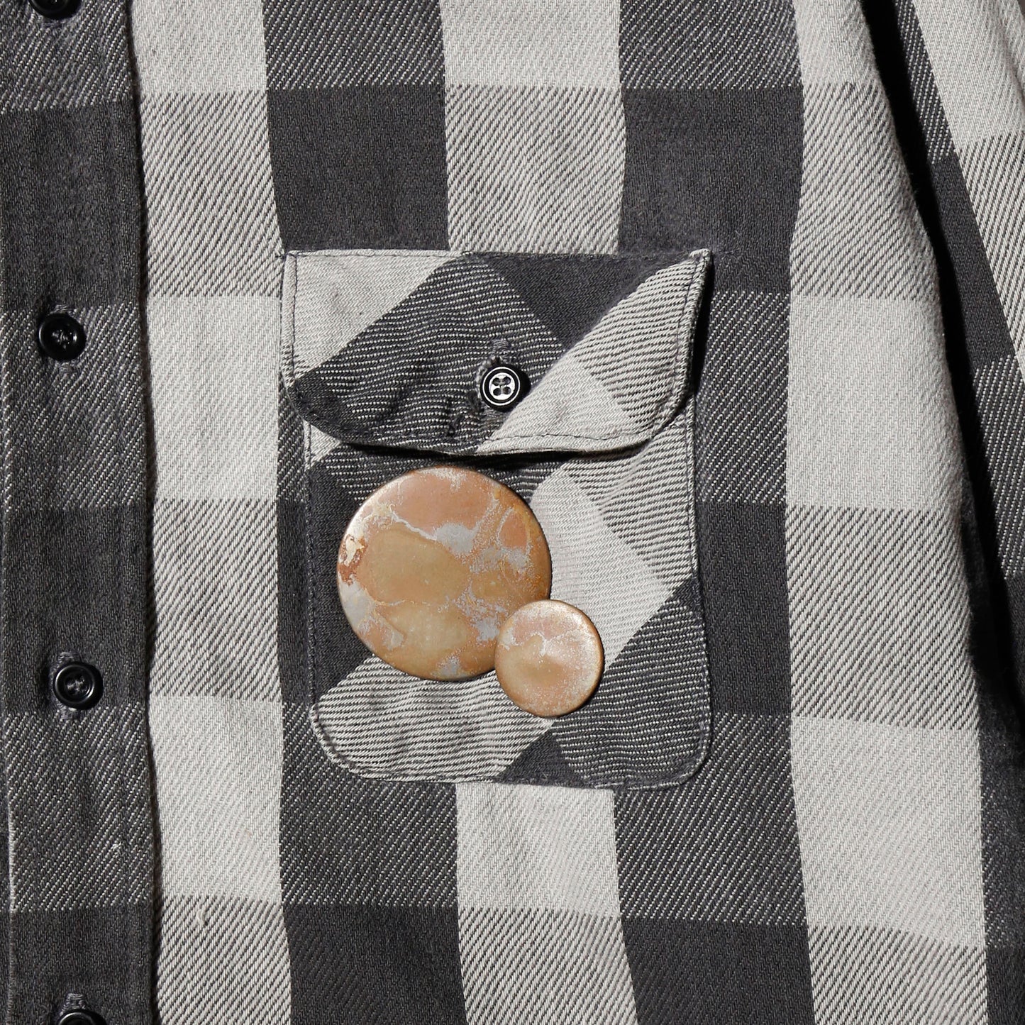 *one-off 80's five bother broken flannel check shirt, with copper badge