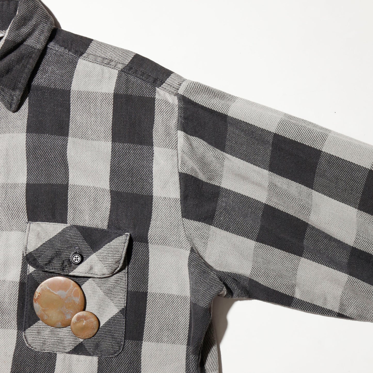 *one-off 80's five bother broken flannel check shirt, with copper badge