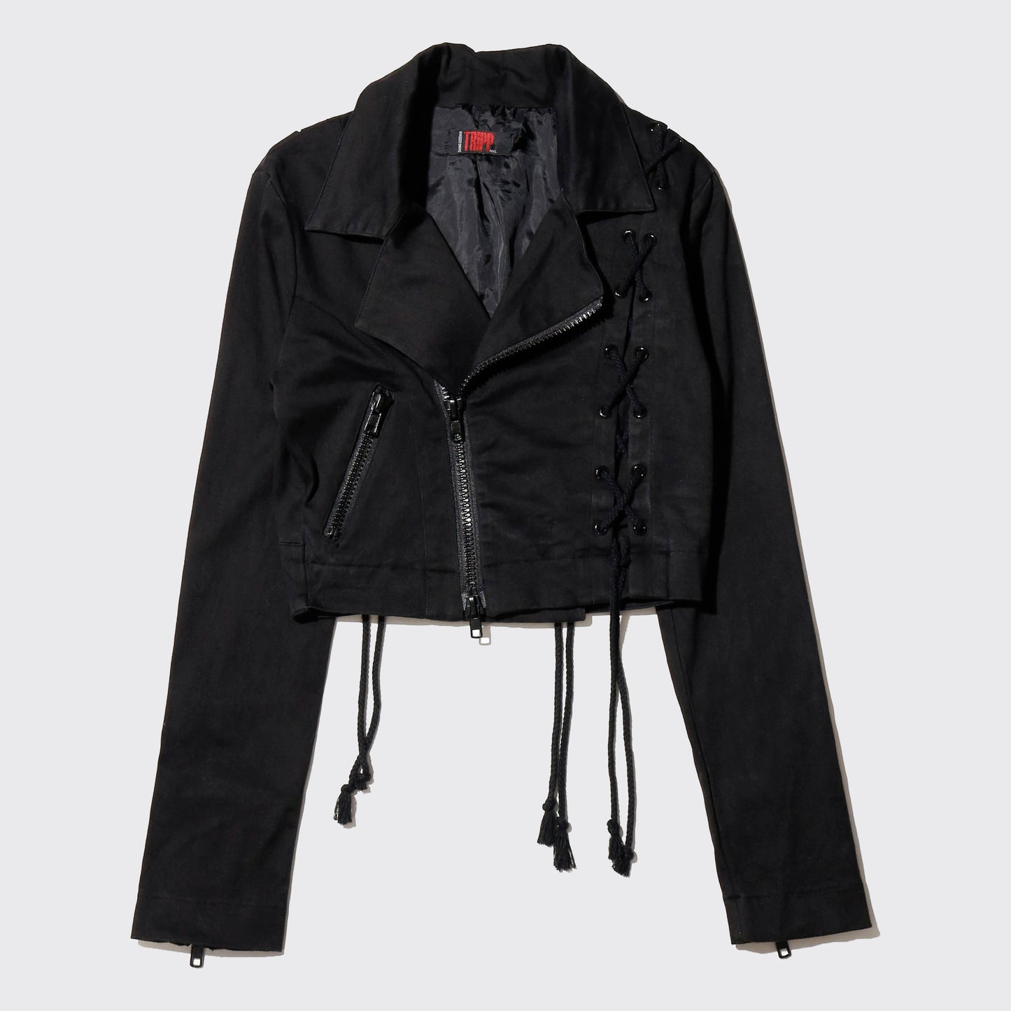 vintage trip nyc cropped lace up riders jacket